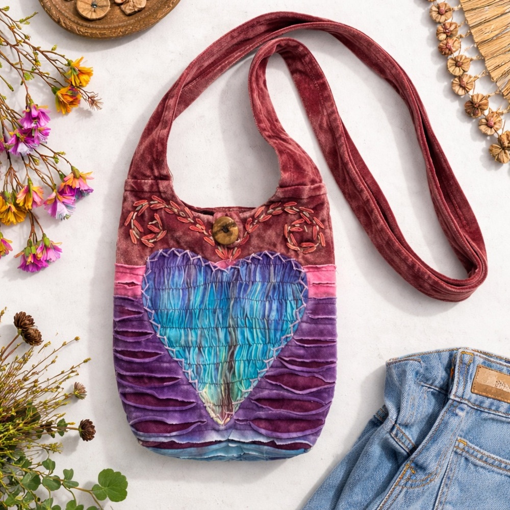 Fairycore Velvet Heart Crossbody Bag Boho Cottagecore Hippie Coquette Purse